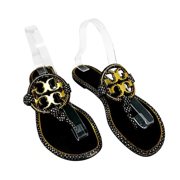 TORY BURCH Black Reptile Snake Gold Metallic Metal Miller Sandal Size 7 - Picture 1 of 10